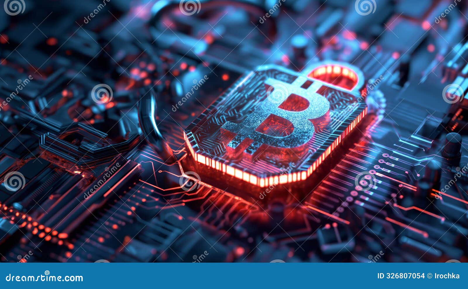 glowing neon bitcoin  on a circuit board