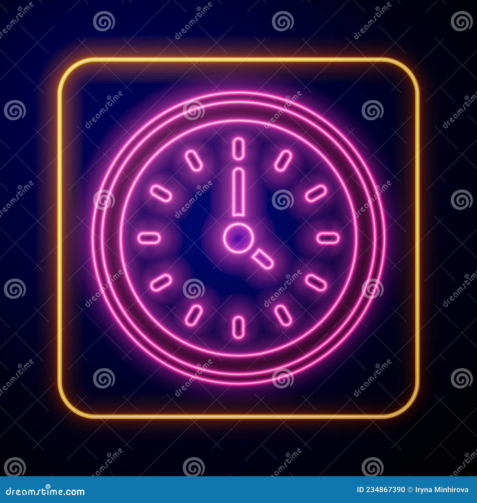 Glowing Neon Clock Icon Isolated on Black Background. Time Symbol Stock