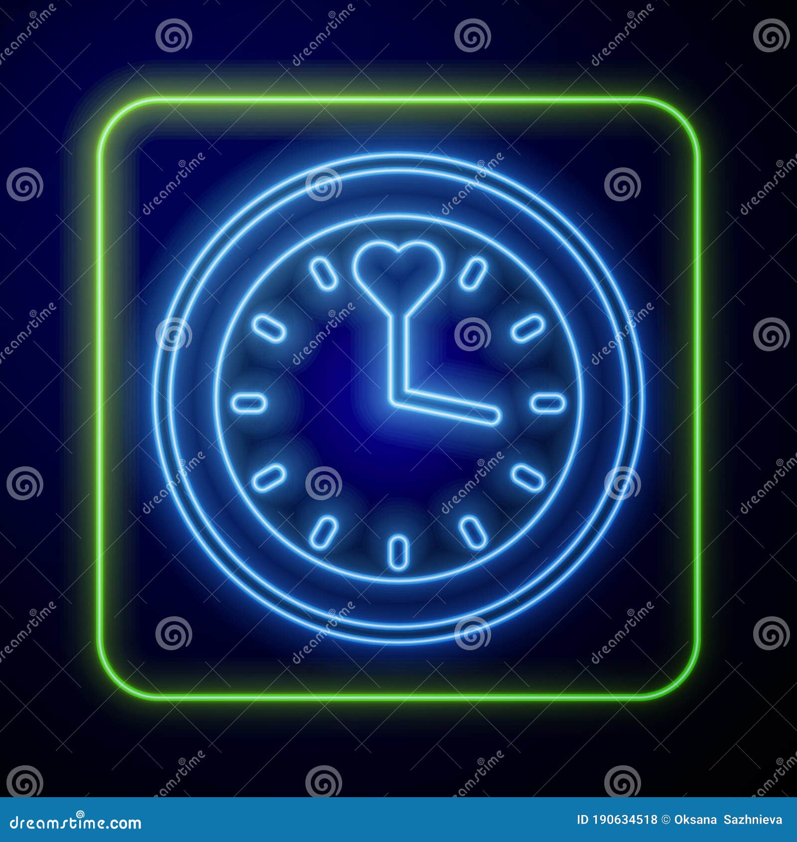 Glowing Neon Clock Icon Isolated on Blue Background. Time Symbol Stock