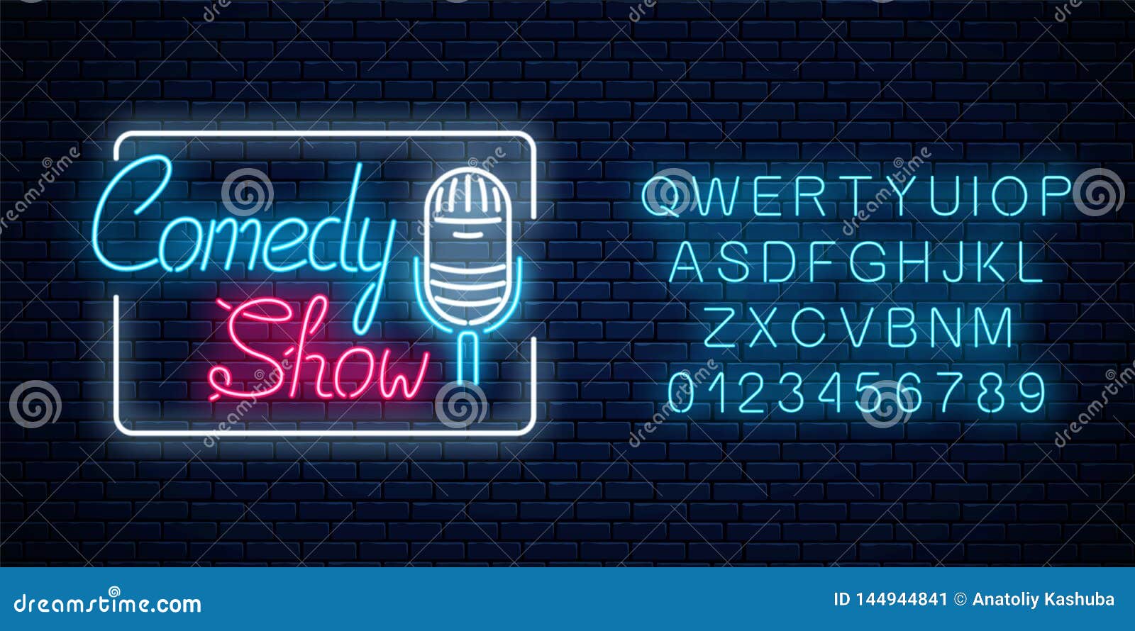 Neon Comedy Show Sign With Retro Microphone On A Brick Wall Background ...