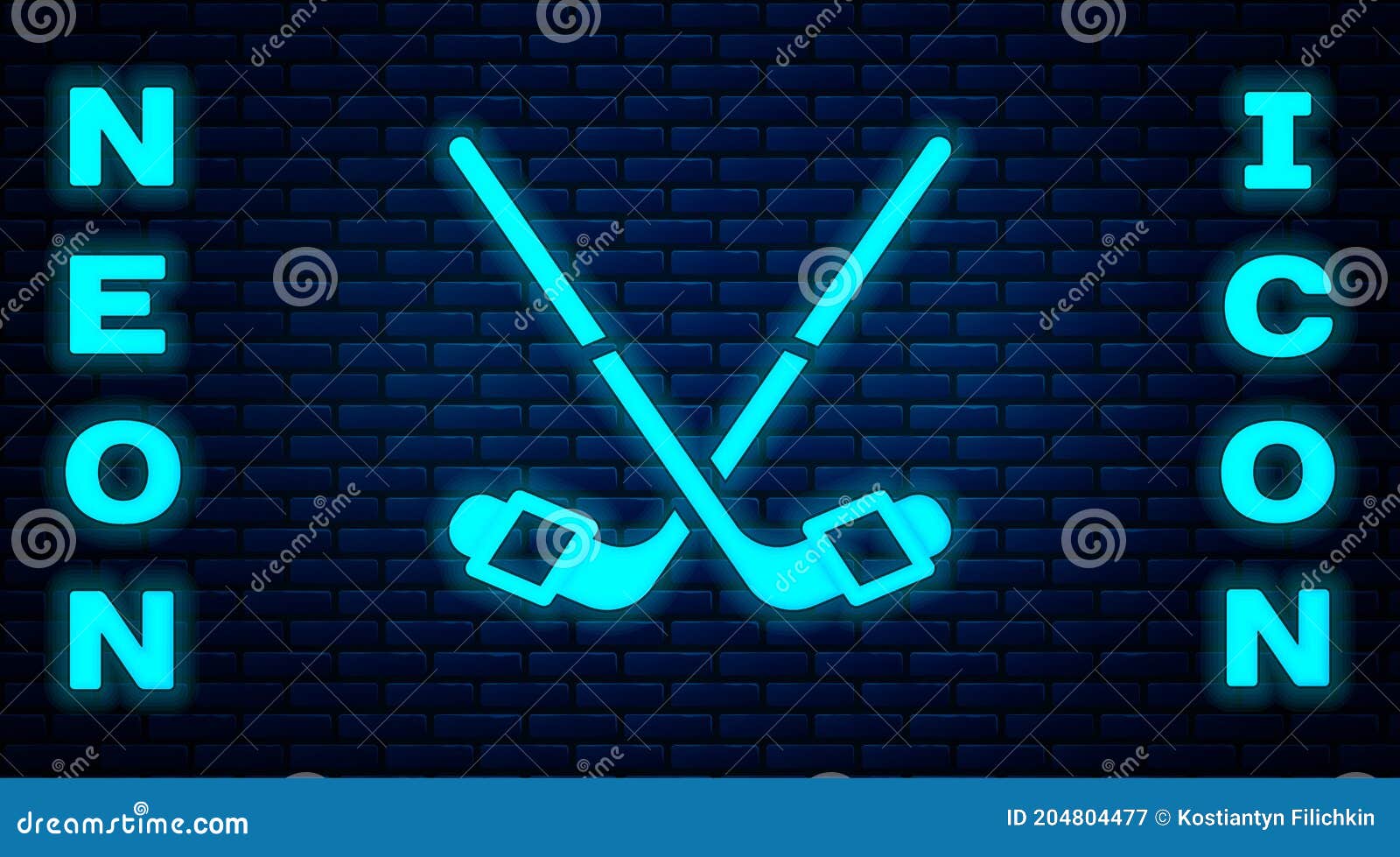 Glowing Neon Ice Hockey Sticks Icon Isolated on Brick Wall Background