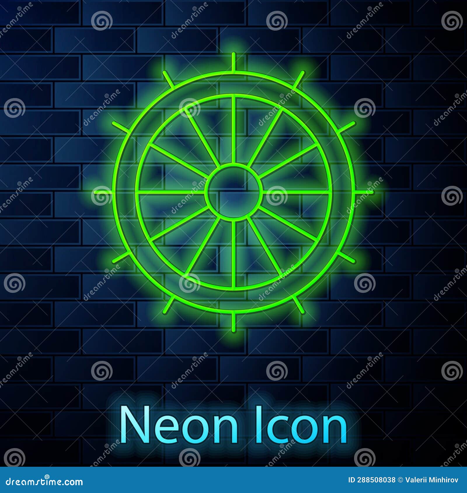 Glowing Neon Line Ship Steering Wheel Icon Isolated on Brick Wall Background. Vector Stock