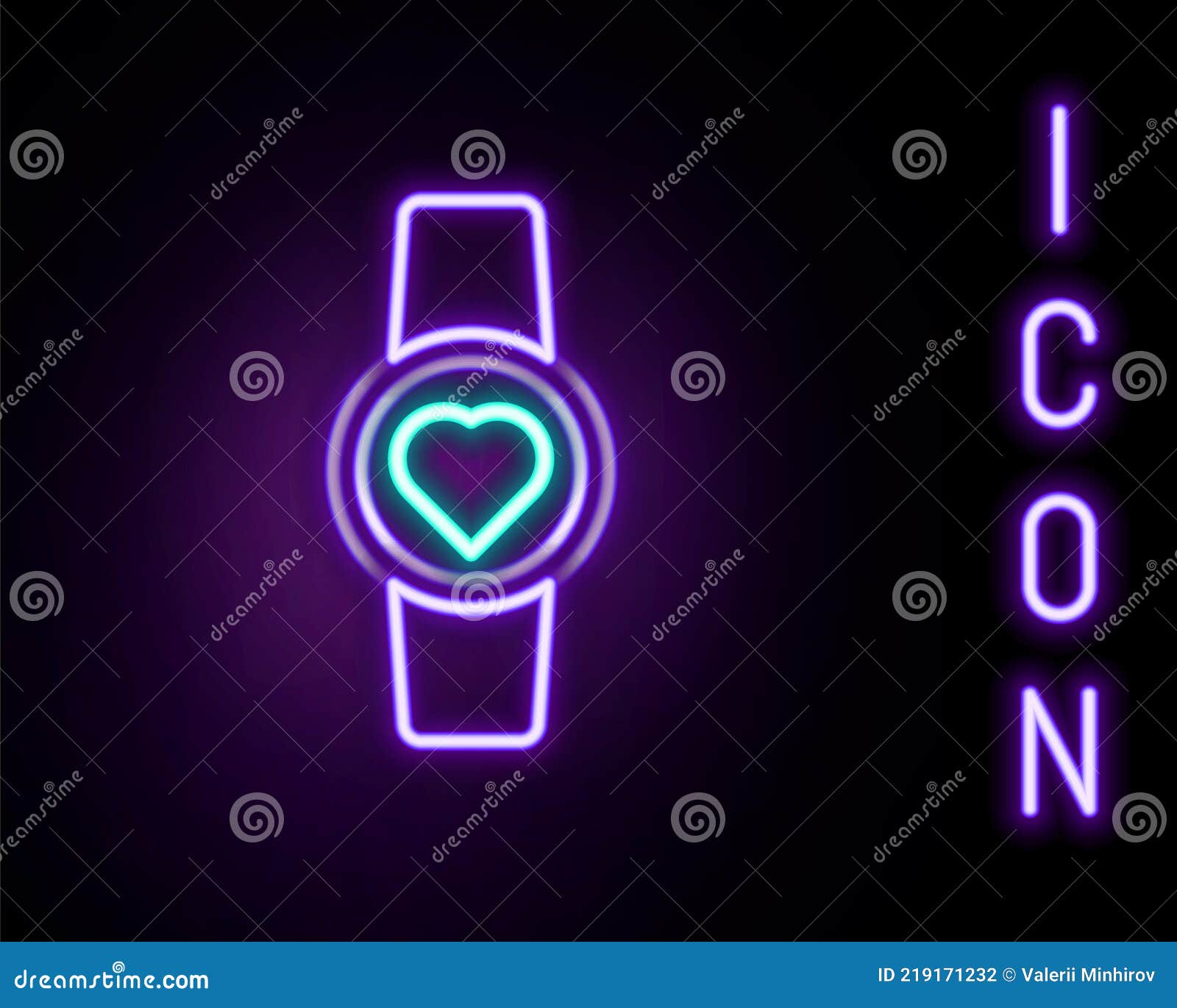 Glowing neon Smart watch showing heart beat rate icon isolated on blue  background. Fitness App concept. Vector Stock Vector