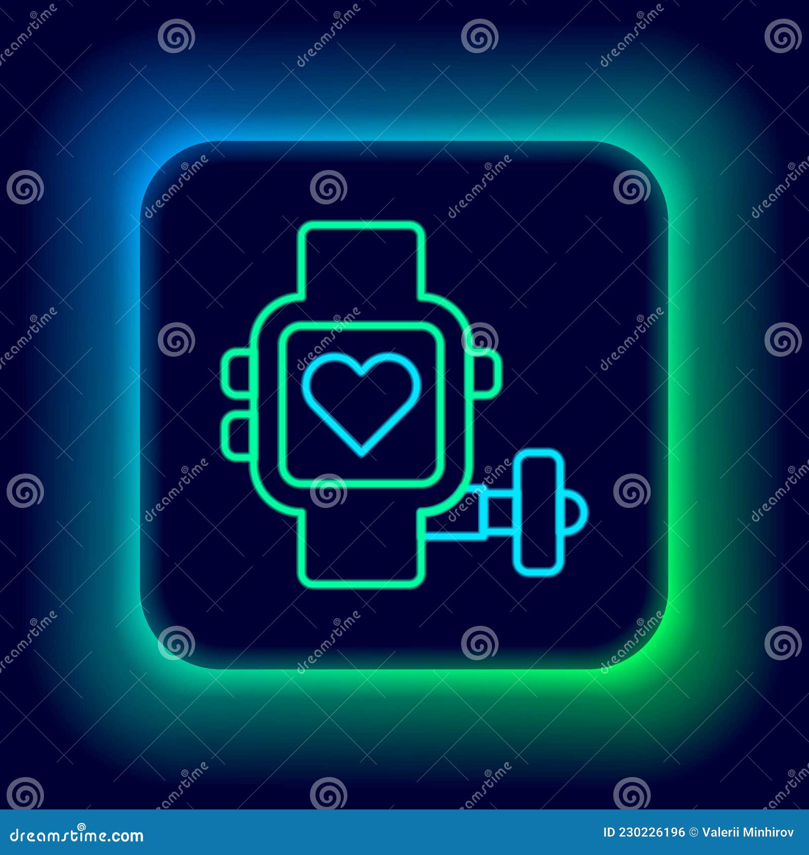 Glowing neon Smart watch showing heart beat rate icon isolated on blue  background. Fitness App concept. Vector Stock Vector