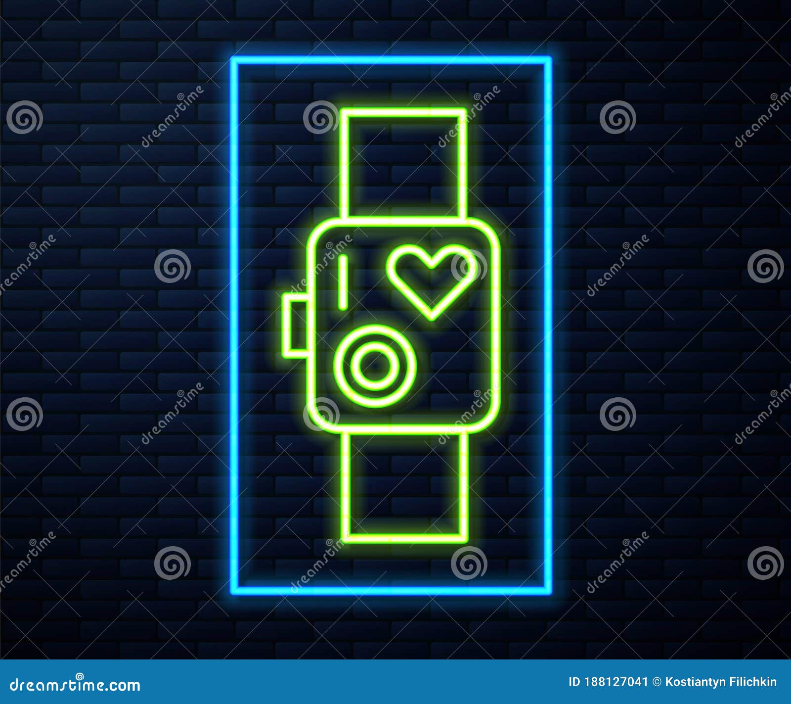 Glowing neon Smart watch showing heart beat rate icon isolated on blue  background. Fitness App concept. Vector Stock Vector