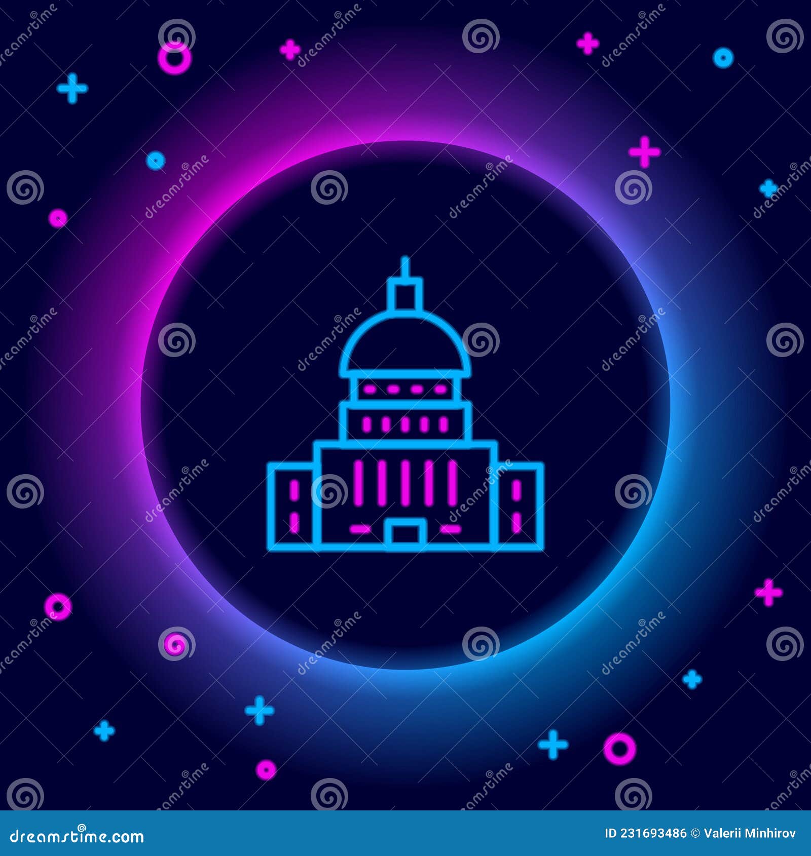 glowing neon line white house icon  on black background. washington dc. colorful outline concept. 