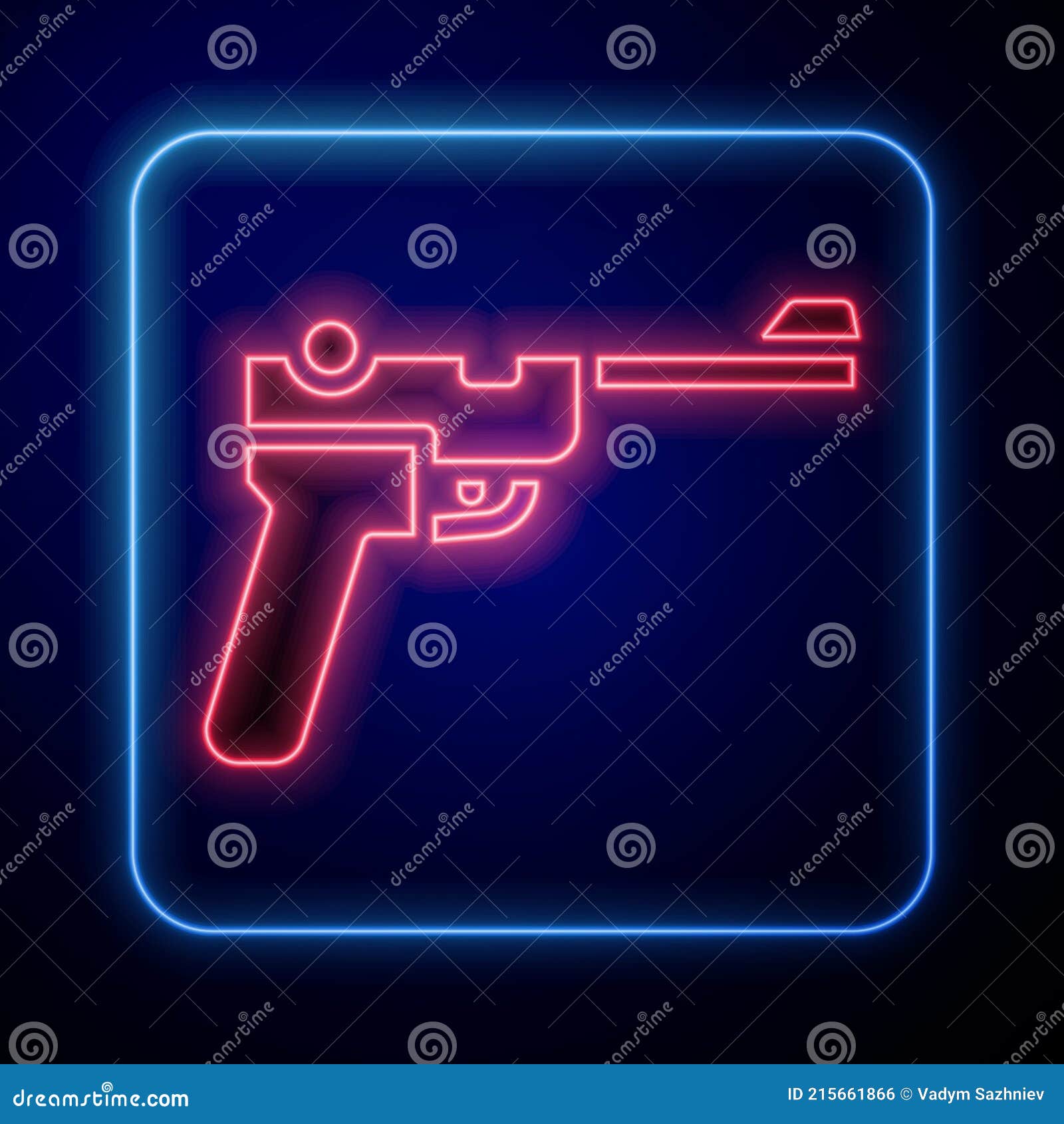 glowing neon mauser gun icon  on blue background. mauser c96 is a semi-automatic pistol. 