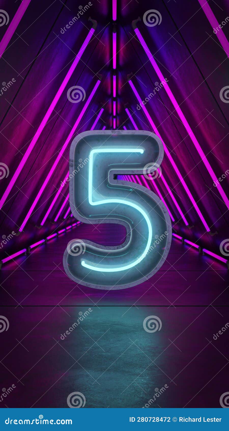 glowing neon number 5 in a neon tunnel