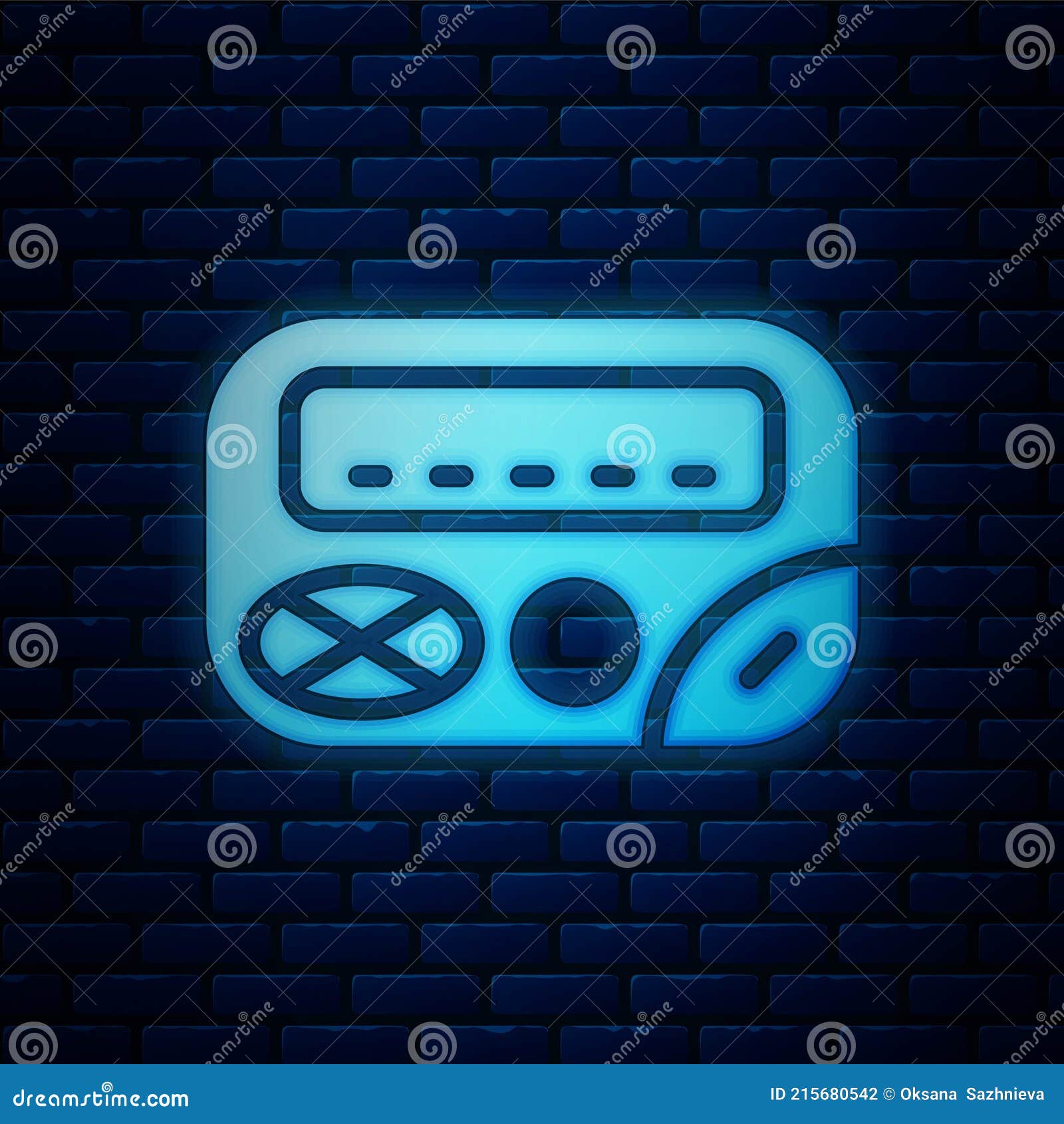 Glowing Neon Pager Icon Isolated on Brick Wall Background. Vintage