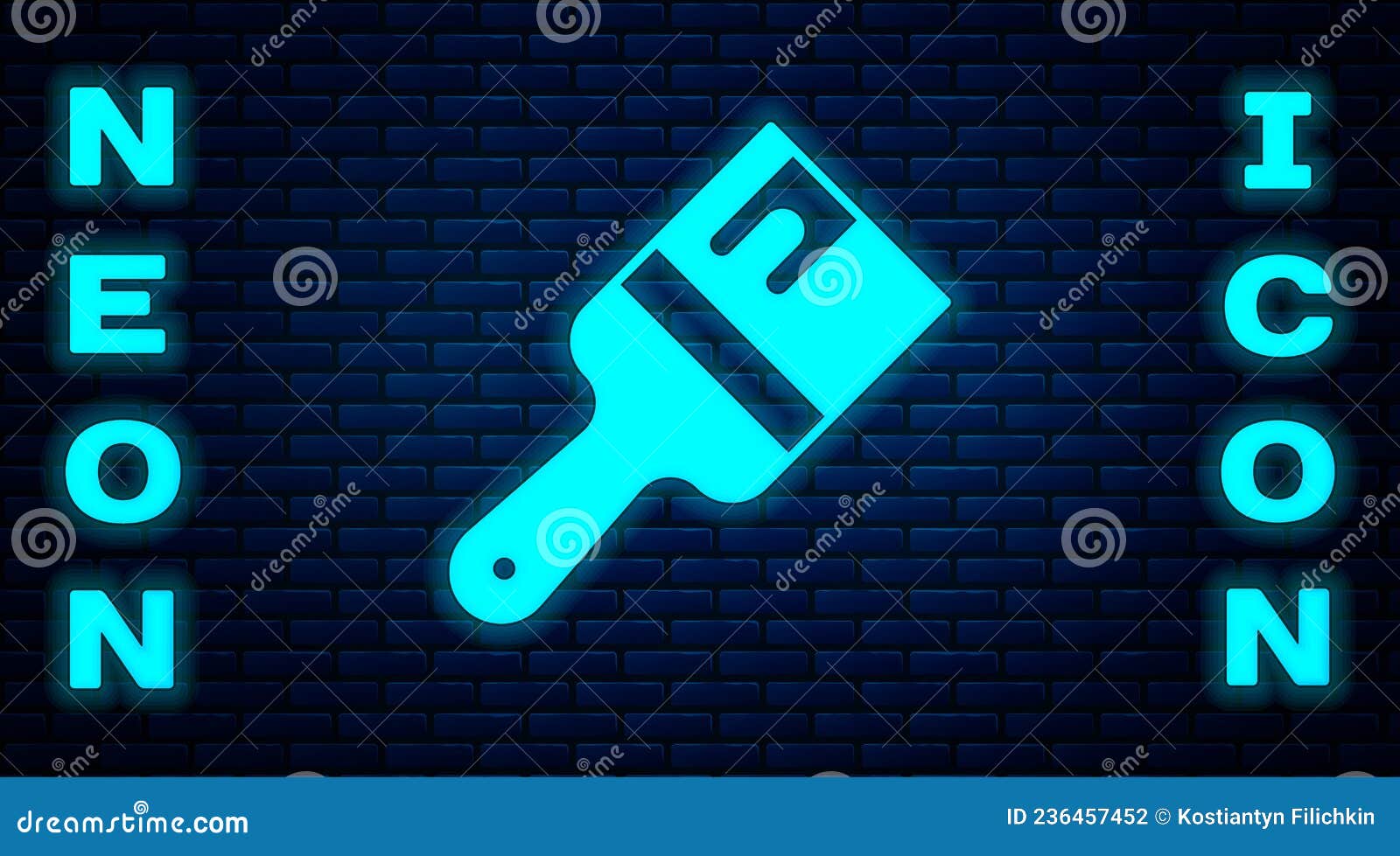 Glowing Neon Paint Brush Icon Isolated on Brick Wall Background. Vector
