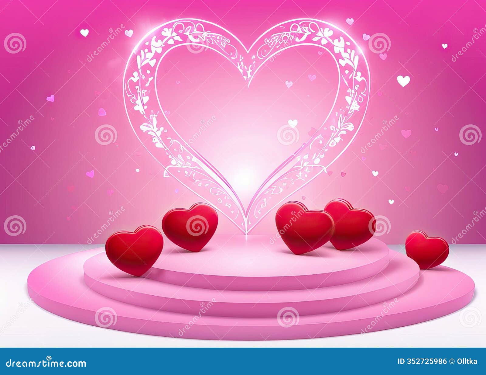 glowing neon pink heart on a pedestal in a minimalist pink room, evoking love