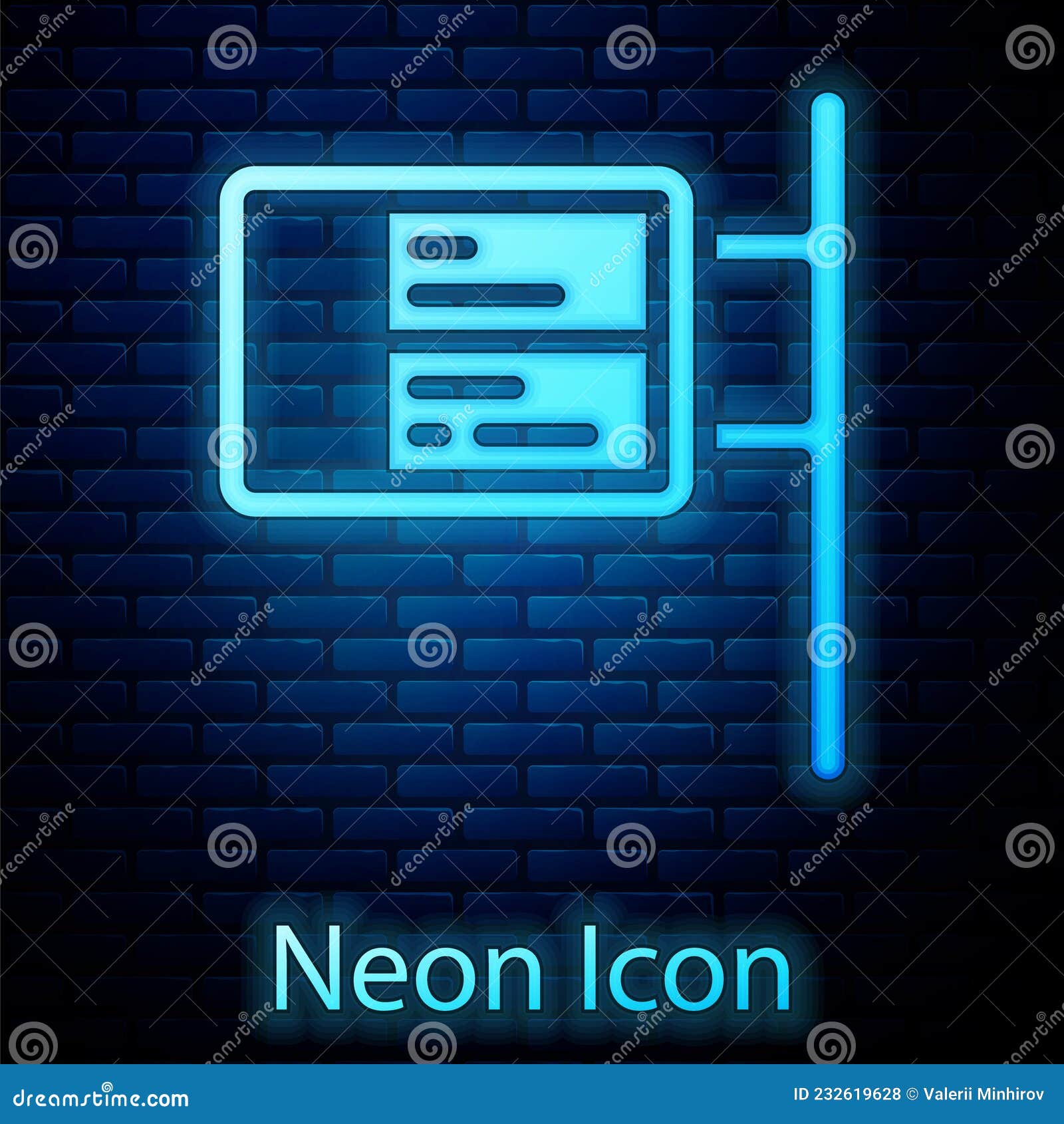 glowing neon public transport board icon  on brick wall background. mechanical scoreboard. info of flight on the