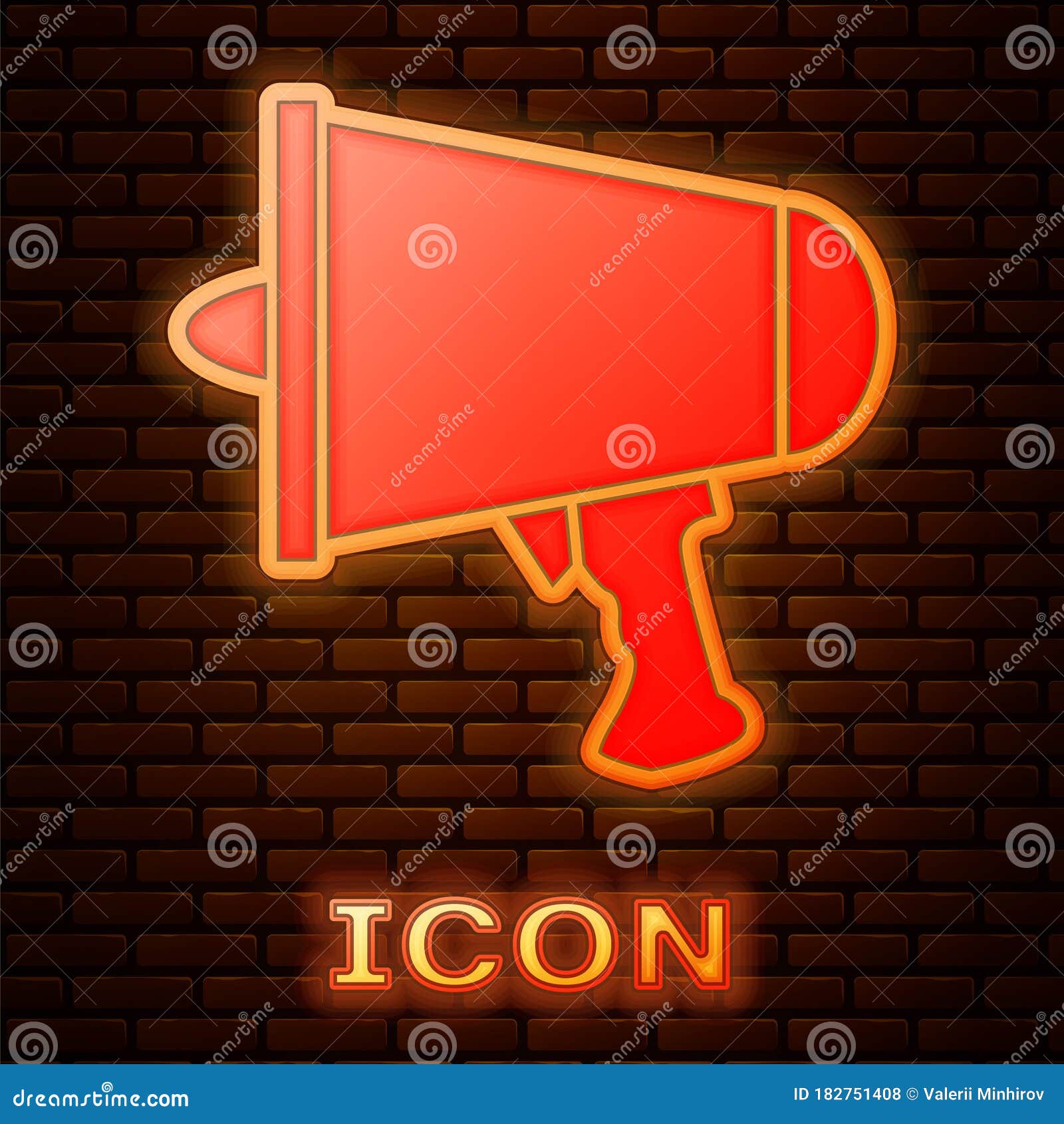 Glowing Neon Spread the Word, Megaphone Icon Isolated on Brick Wall