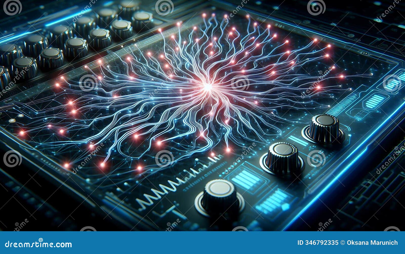 glowing neural network of organic filaments connected to sleek, high-tech interface