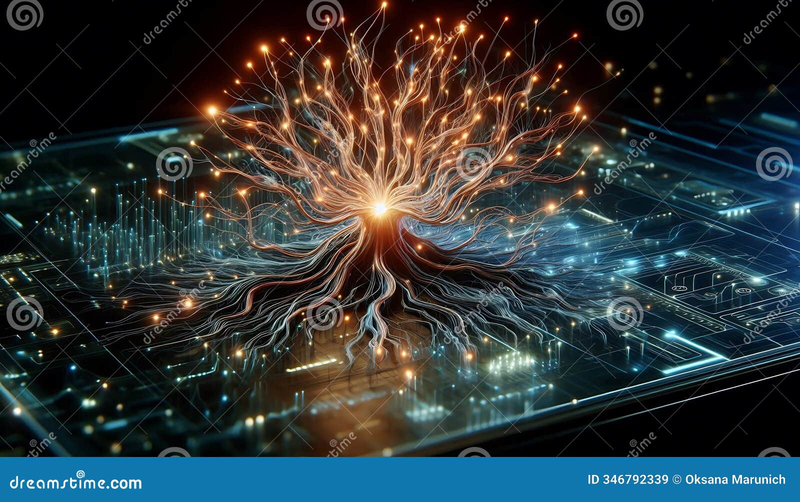 glowing neural network of organic filaments connected to sleek, high-tech interface