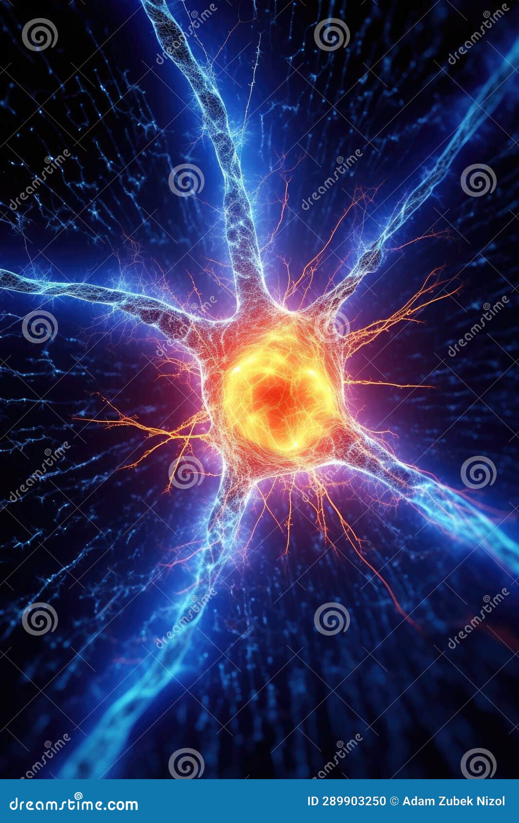 A Glowing Neuron with Blue and Orange Lights Stock Illustration