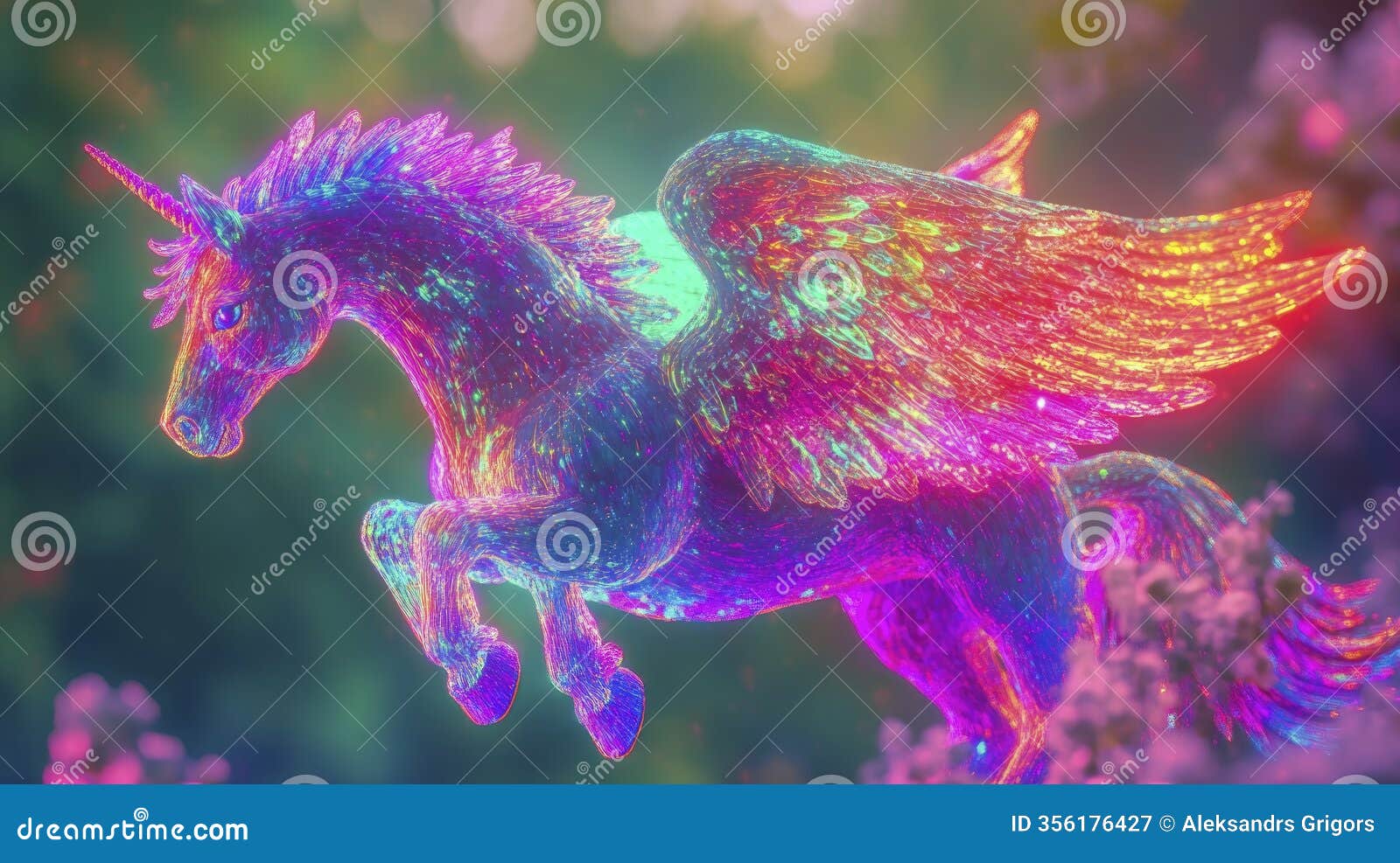 a glowing pegasus with iridescent wings, bright fluorescent colors, on a soft blurred green and purple background