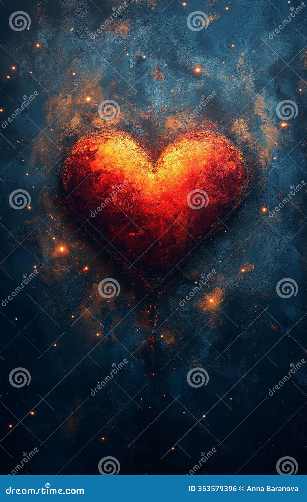 a glowing red heart with sparkles, floating in a starry night, surrounded by warm light