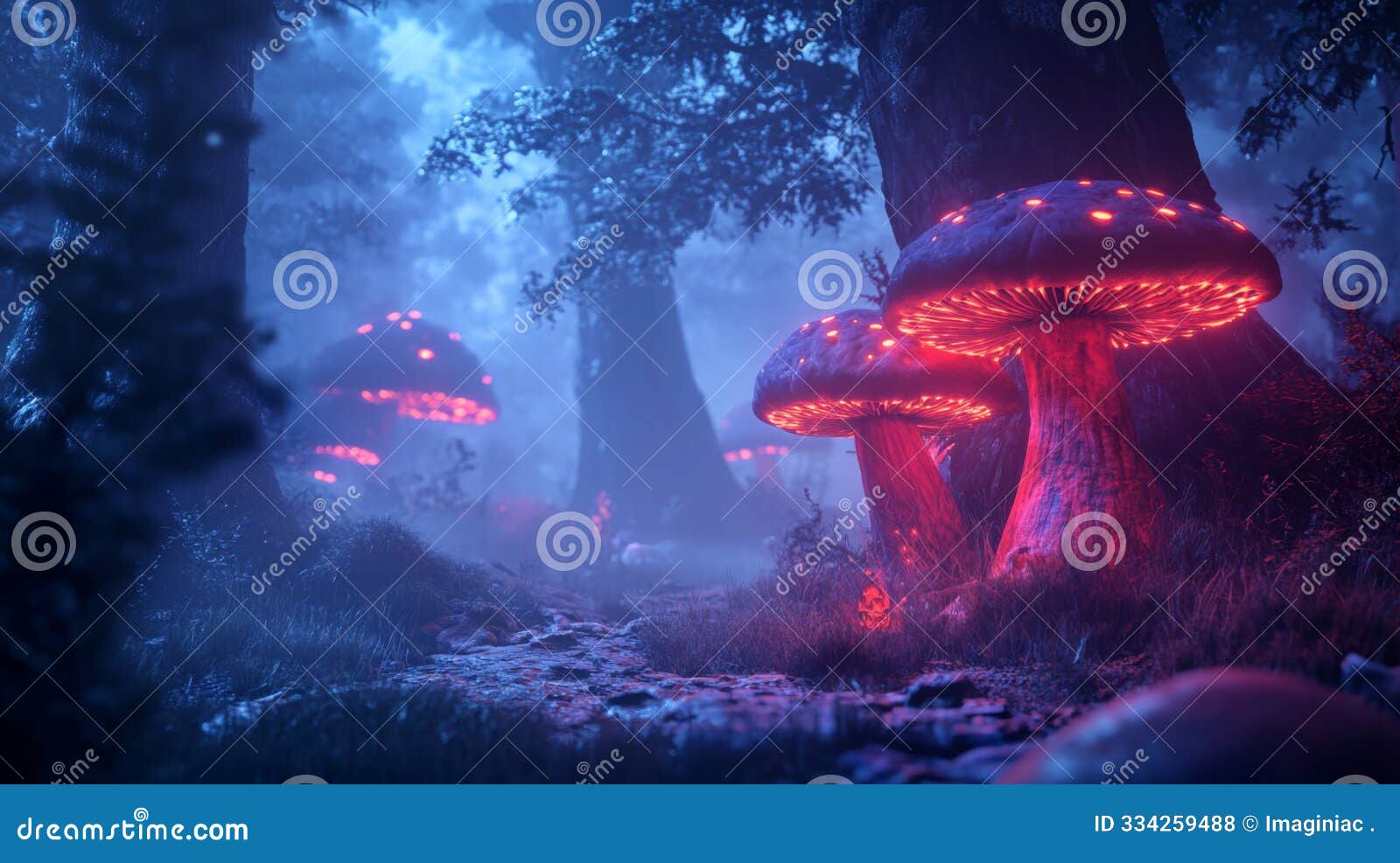 glowing red mushrooms in a misty forest at night