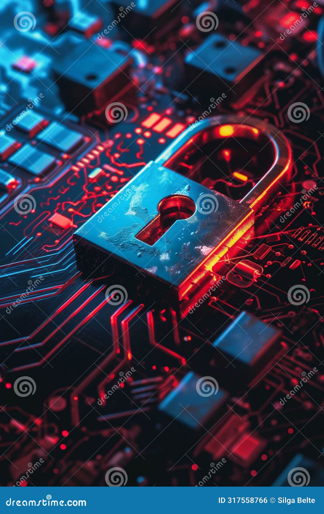 glowing security chip on a blue circuit board, neon orange and blue lights. high tech and cybersecurity themes, ideal