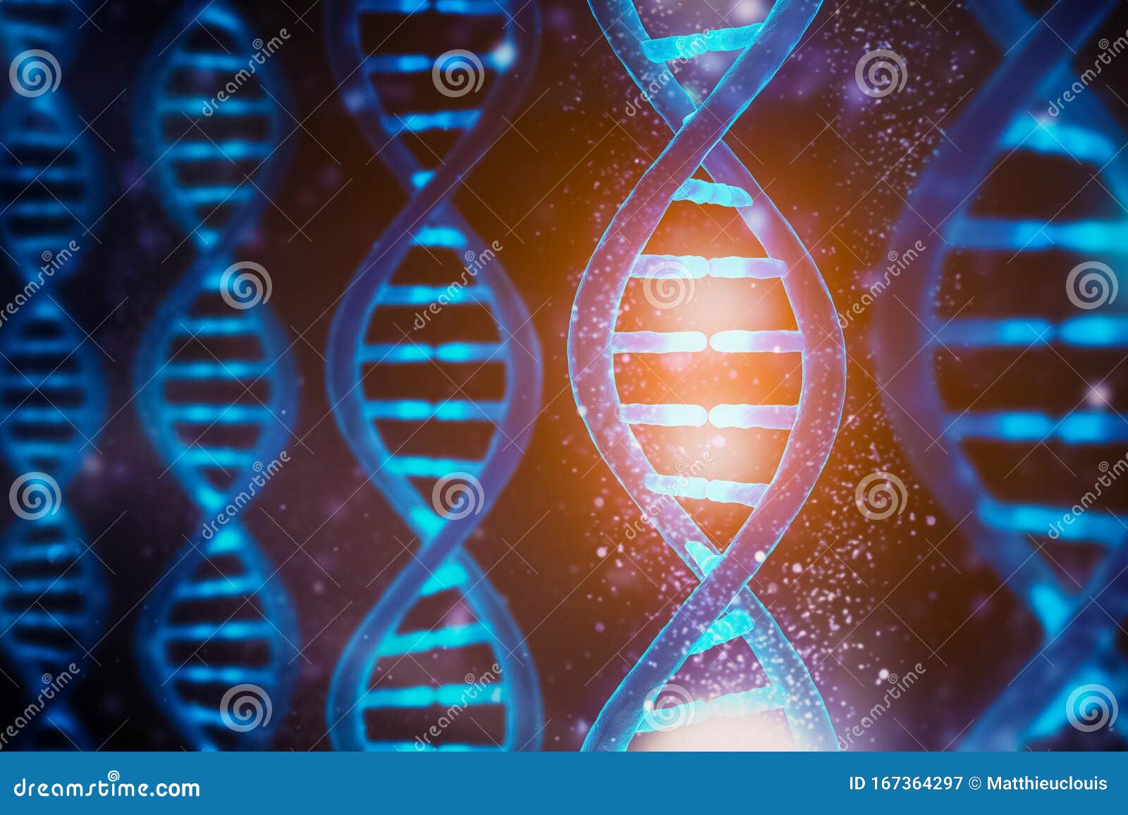 glowing and shining dna strands double helix close-up. medical, biology, microbiology, genetics 3d rendering  concept