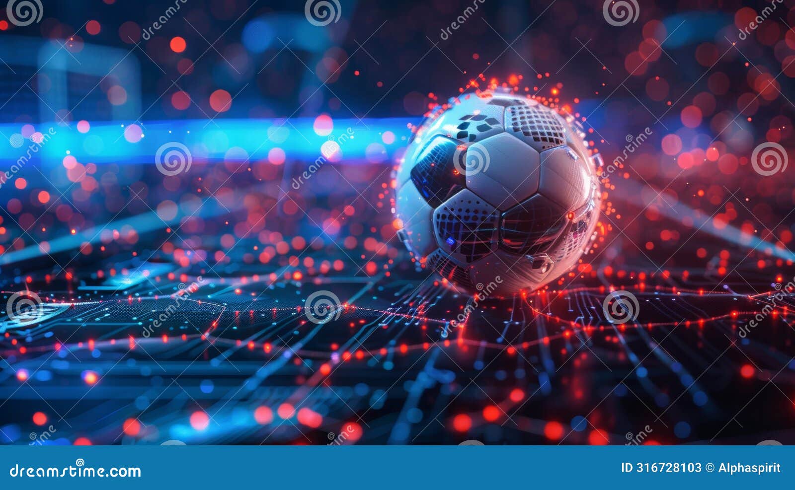 glowing soccer ball over a digital interface represents online sports betting and data analysis