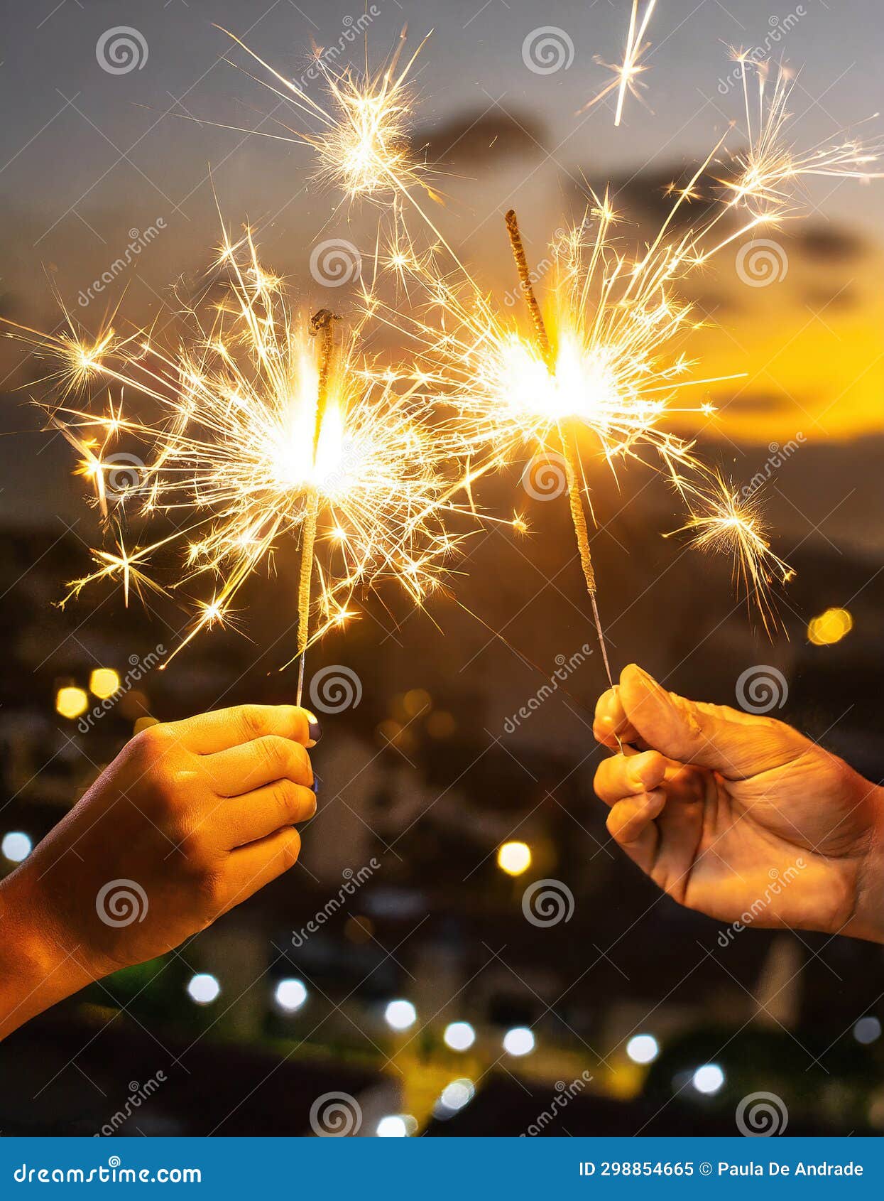 Glowing Sparklers in Hands at a Background City Stock Illustration