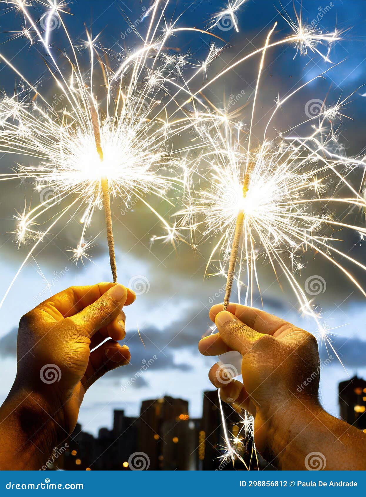 Glowing Sparklers in Hands at a Background City Stock Illustration