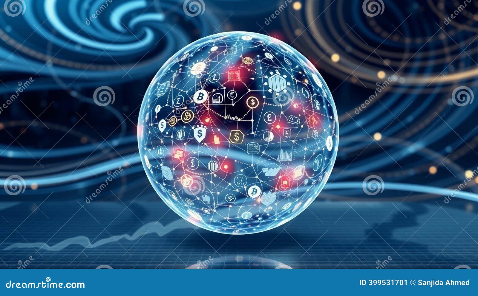 Glowing Sphere with Cryptocurrency Symbols Connected by Lines on a Blue  Abstract Background Stock Illustration - Illustration of global, pound:  399531701