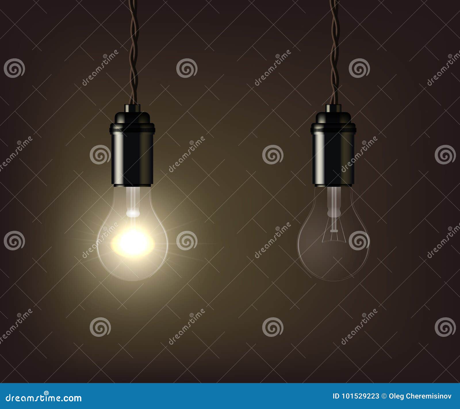Glowing And Switched Off Lamp Isolated On Brown Background. Vector