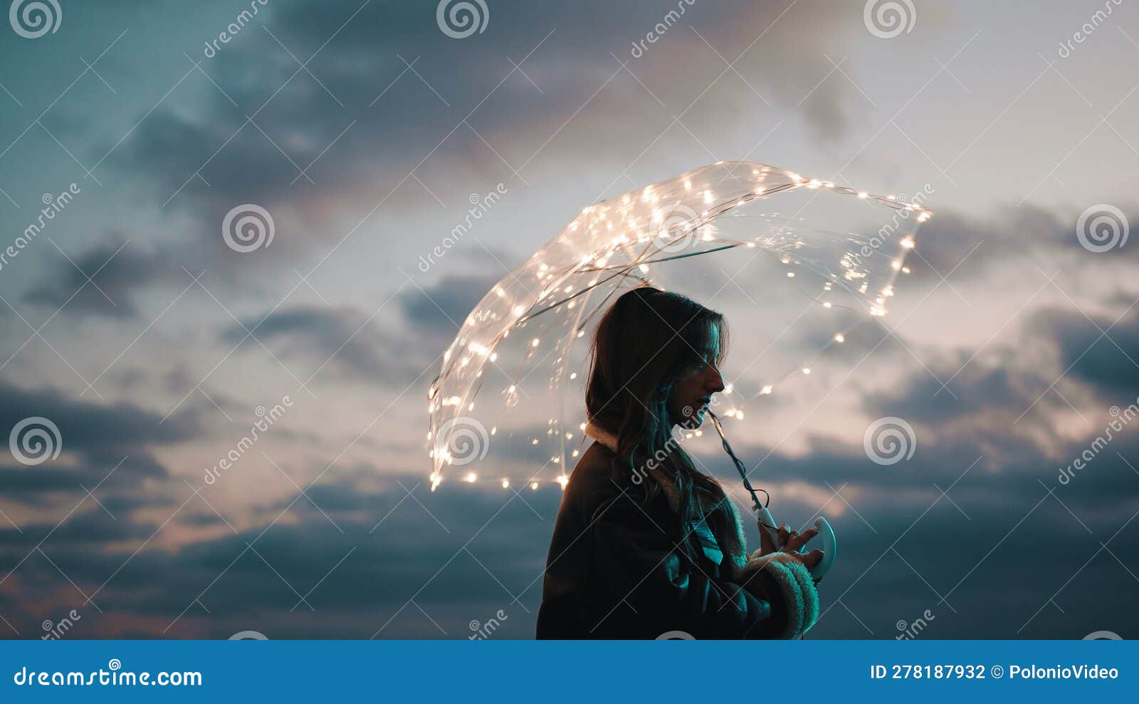 Glowing Umbrella of a Girl Walking on the Beach in the Night Outdoor ...