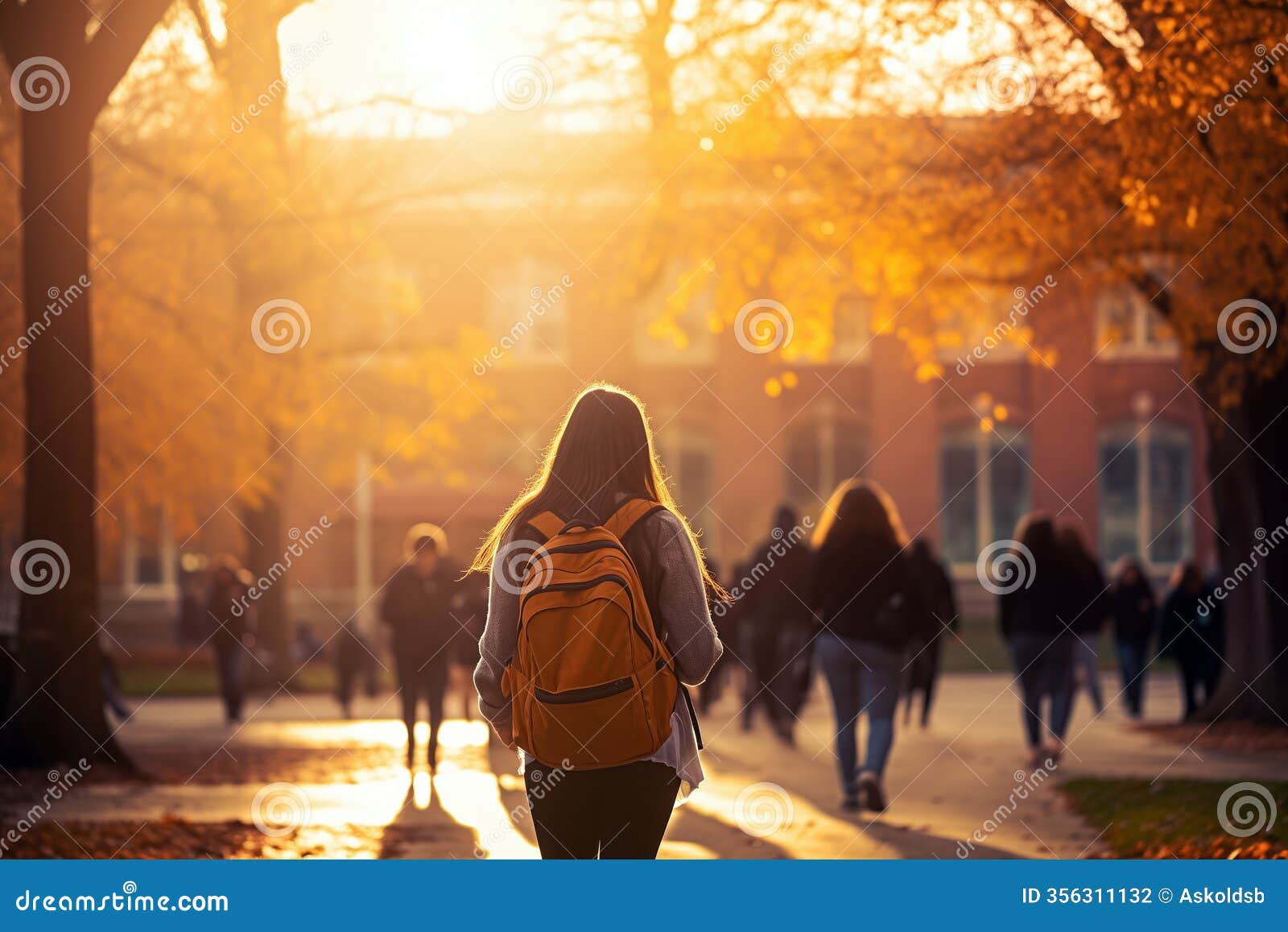 a university campus with students walking, artistic bokeh background