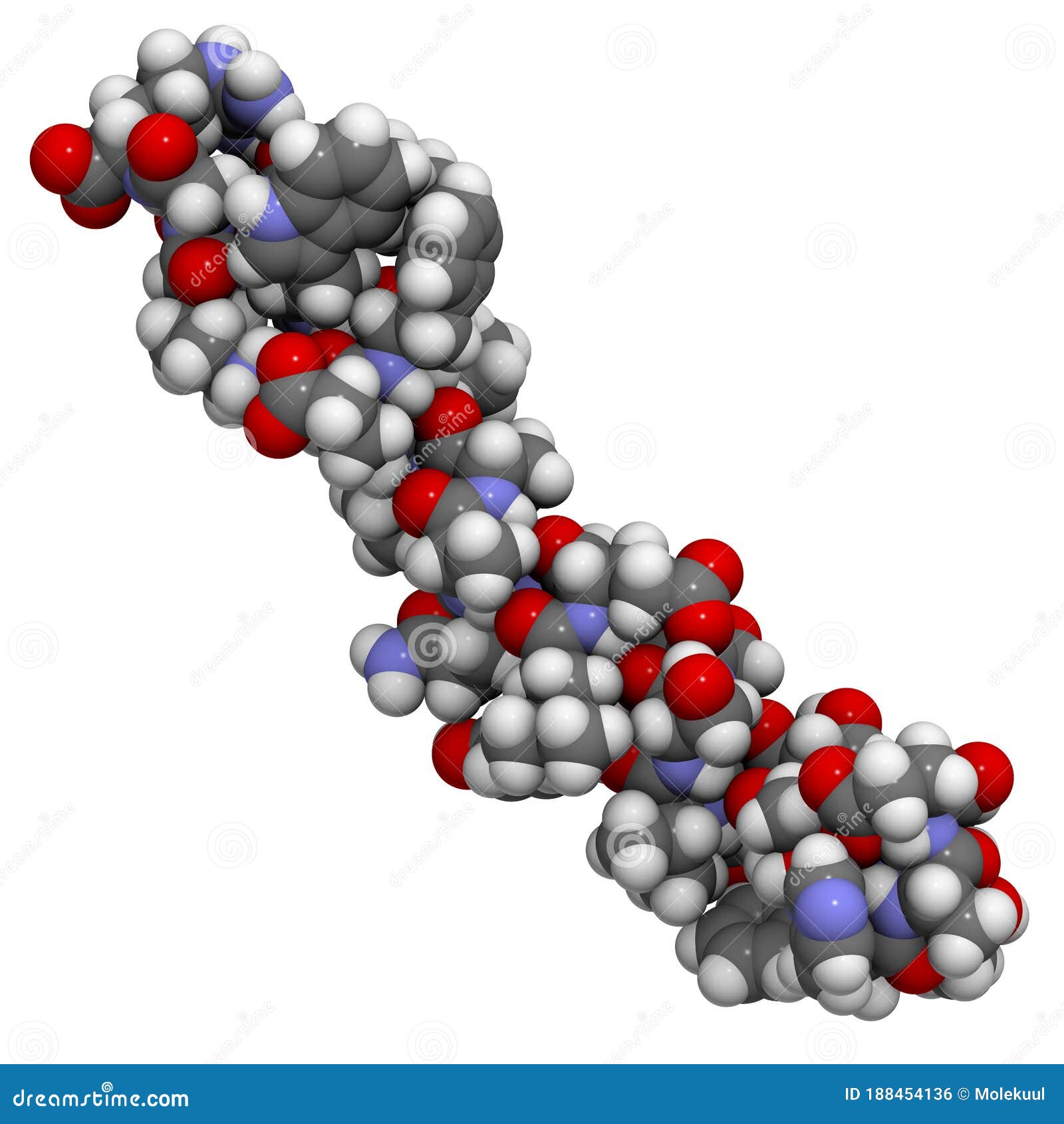 glucagon-like peptide 1 (glp1, 7-36) molecule, 3d rendering. atoms are represented as spheres with conventional color coding: