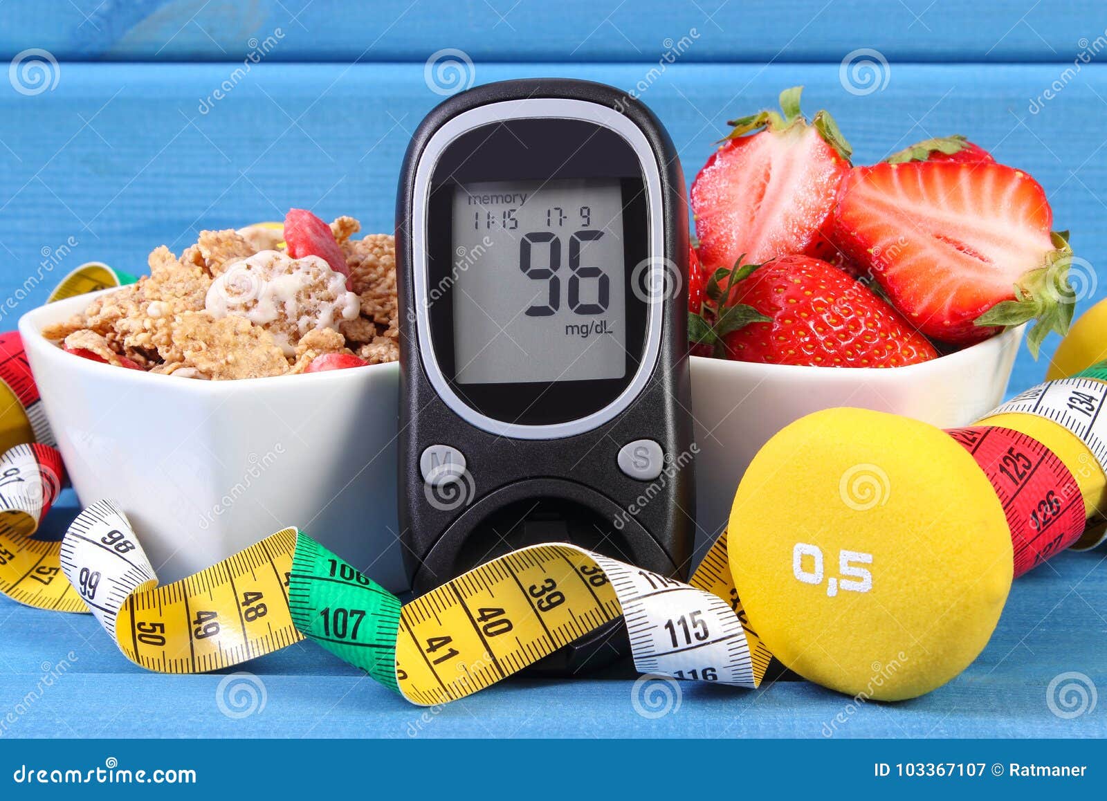 glucometer for checking sugar level, healthy food, dumbbells and centimeter, diabetes, healthy and sporty lifestyle