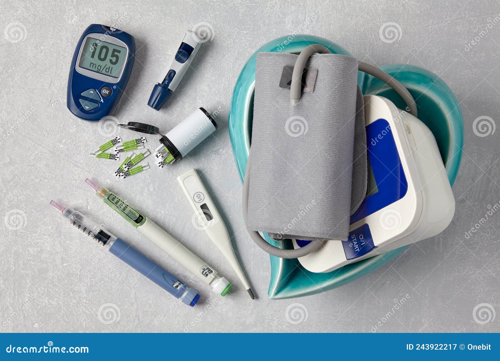 Glucose Blood Meter, Insulin Pen Syringes and Blood Pressure Monitor Stock  Image - Image of monitor, insulin: 243922217