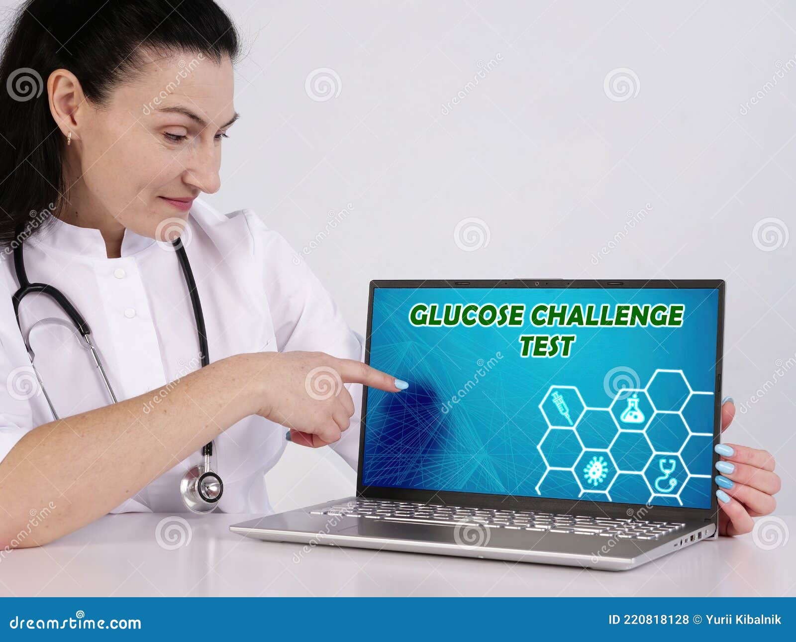 glucose challenge test text in search bar. medico looking for something at laptop