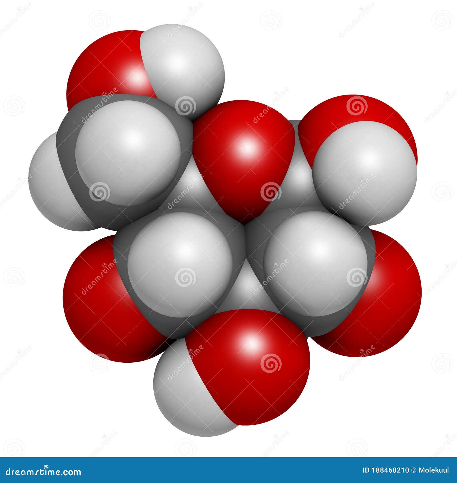 glucose (d-glucose, dextrose) grape sugar molecule. atoms are represented as spheres with conventional color coding: hydrogen (