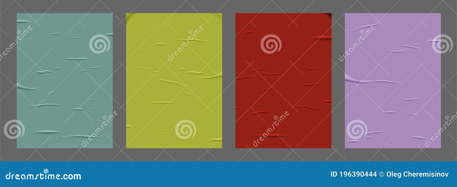 glued paper sheet set  on gray background.  realistic crumpled color posters bundle. wet greased wrinkles
