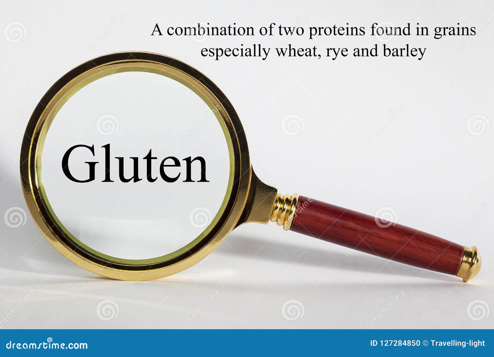 Gluten Concept and Magnifying Glass Stock Photo Image of word