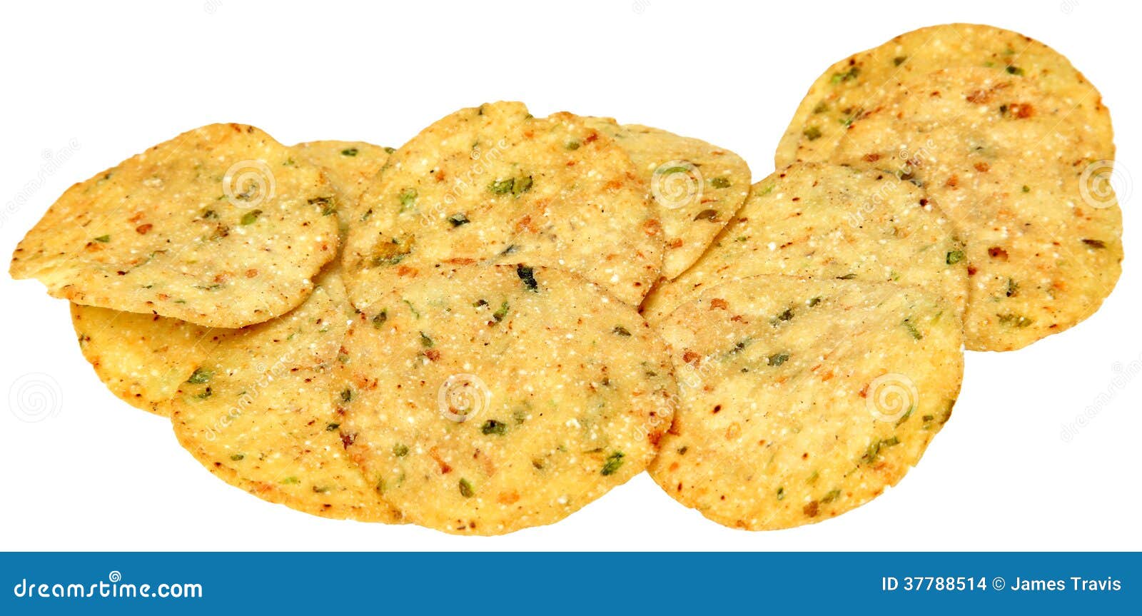 Gluten Free Jalapeno Corn Chips in a Pile Over White Stock Photo