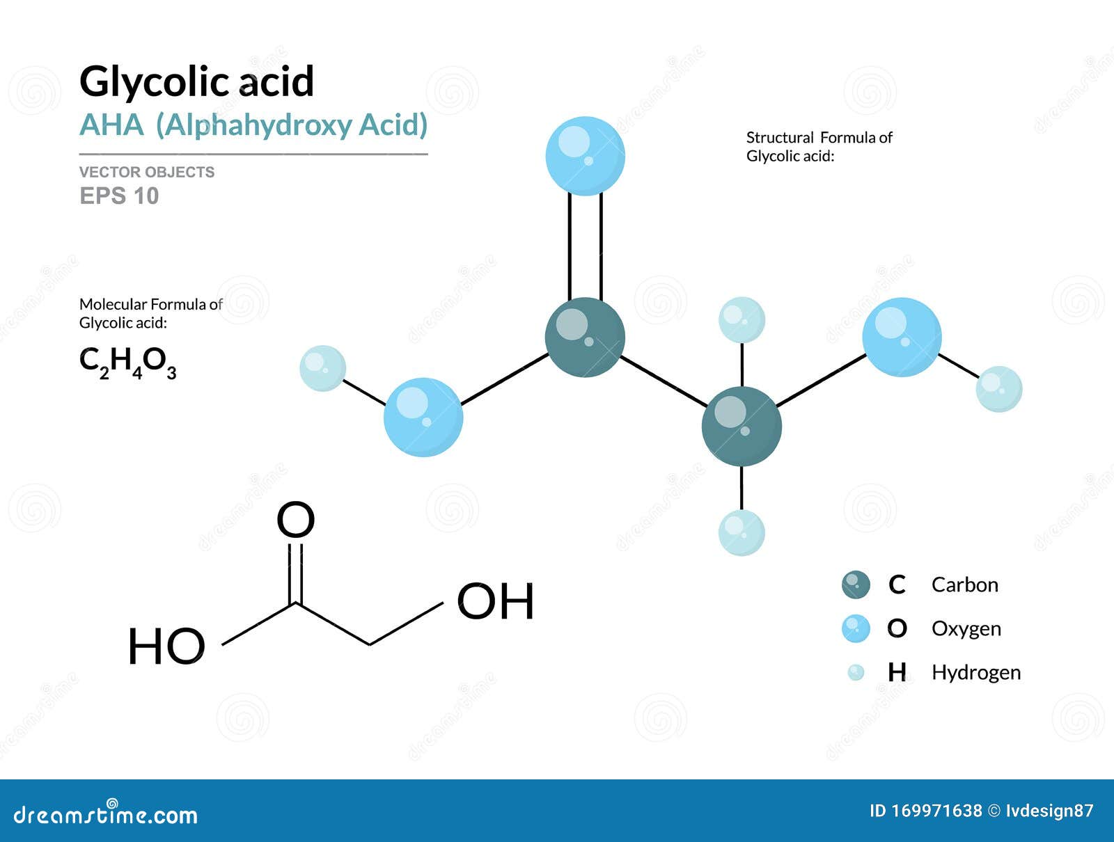 glycolic acid. aha alphahydroxy acid. structural chemical formula and molecule 3d model. atoms with color coding. 