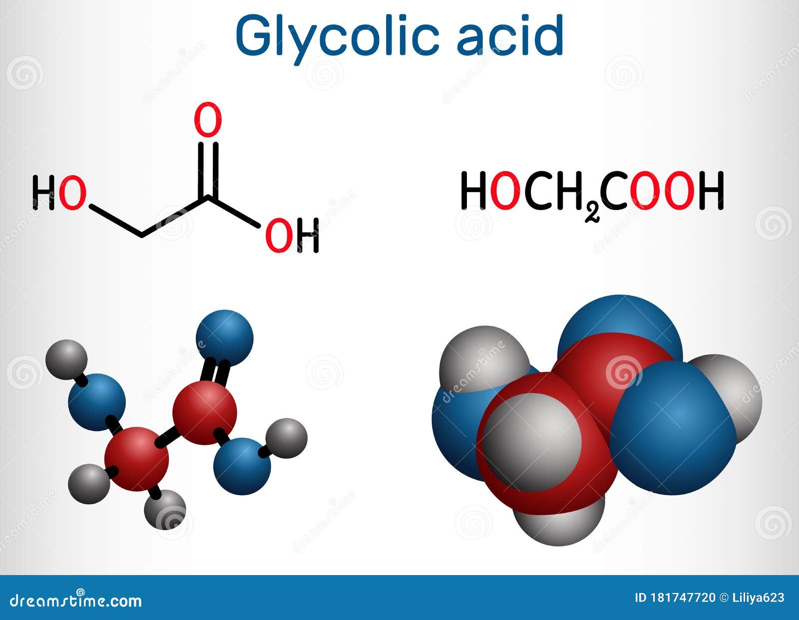 Glycolic Acid, Hydroacetic or Hydroxyacetic Acid, C2H4O3 Molecule. it