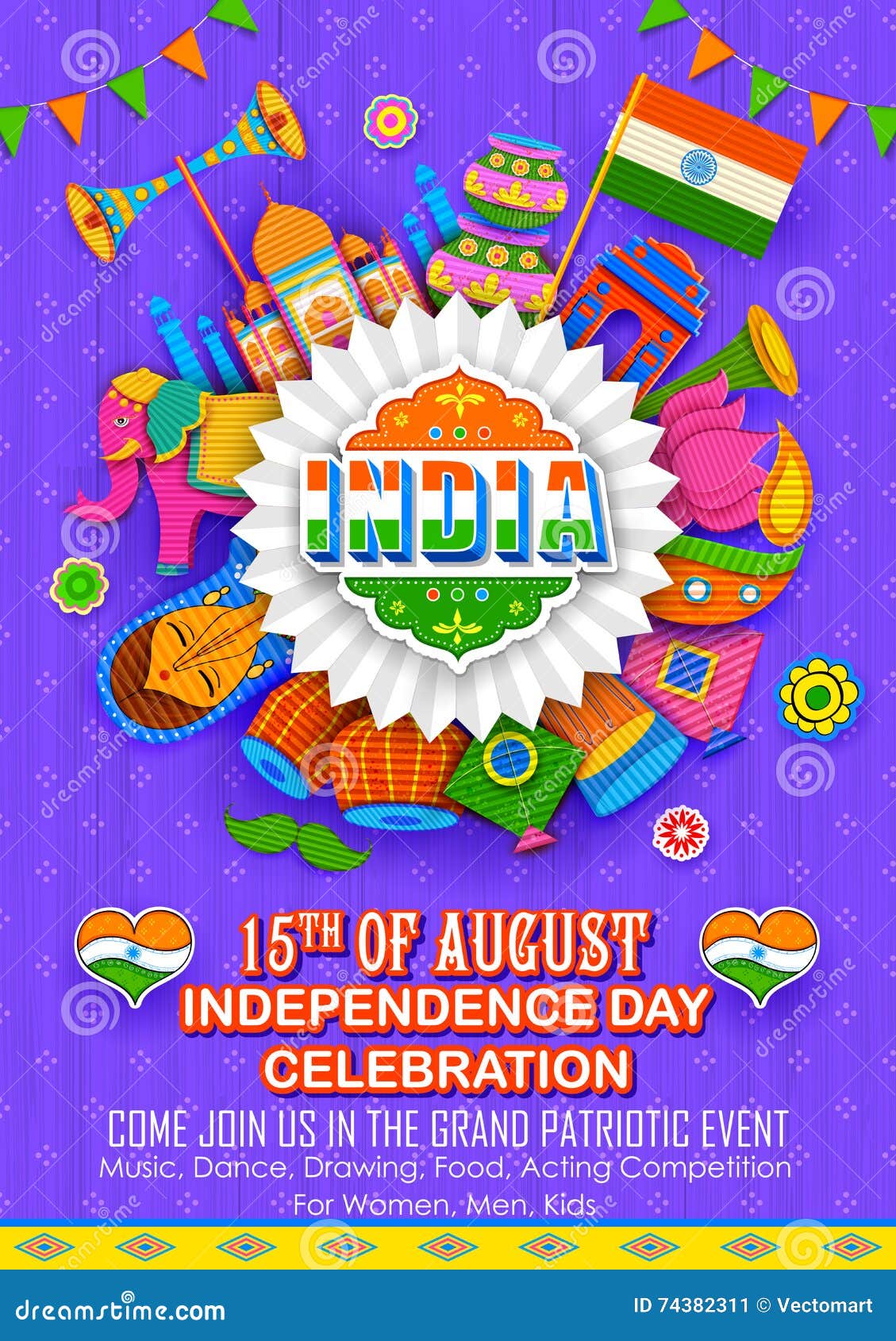Glückliche Unabhängigkeitstagfahne. Illustration der glücklichen Unabhängigkeitstagfahne in der indischen Kitschpapierart