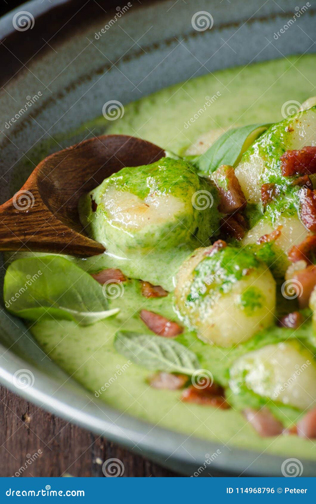 Gnocchi with Bacon and Basil Spinach Sauce Stock Photo - Image of basil ...