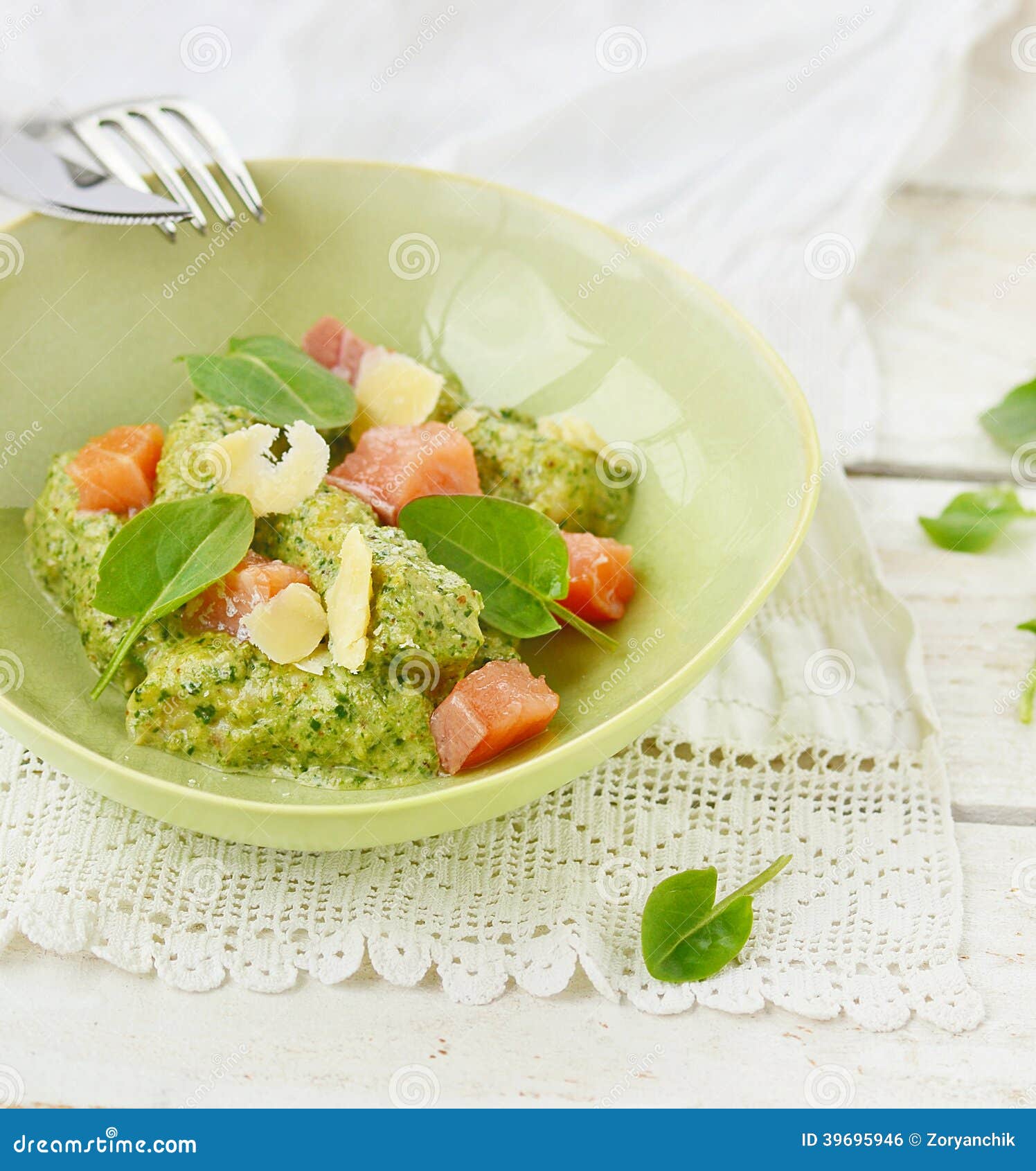 Gnocchi with Pesto Sauce and Smoked Salmon Stock Photo Image of basil
