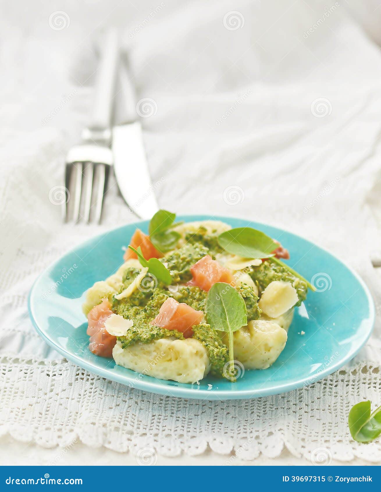 Gnocchi with Pesto Sauce and Smoked Salmon Stock Image Image of