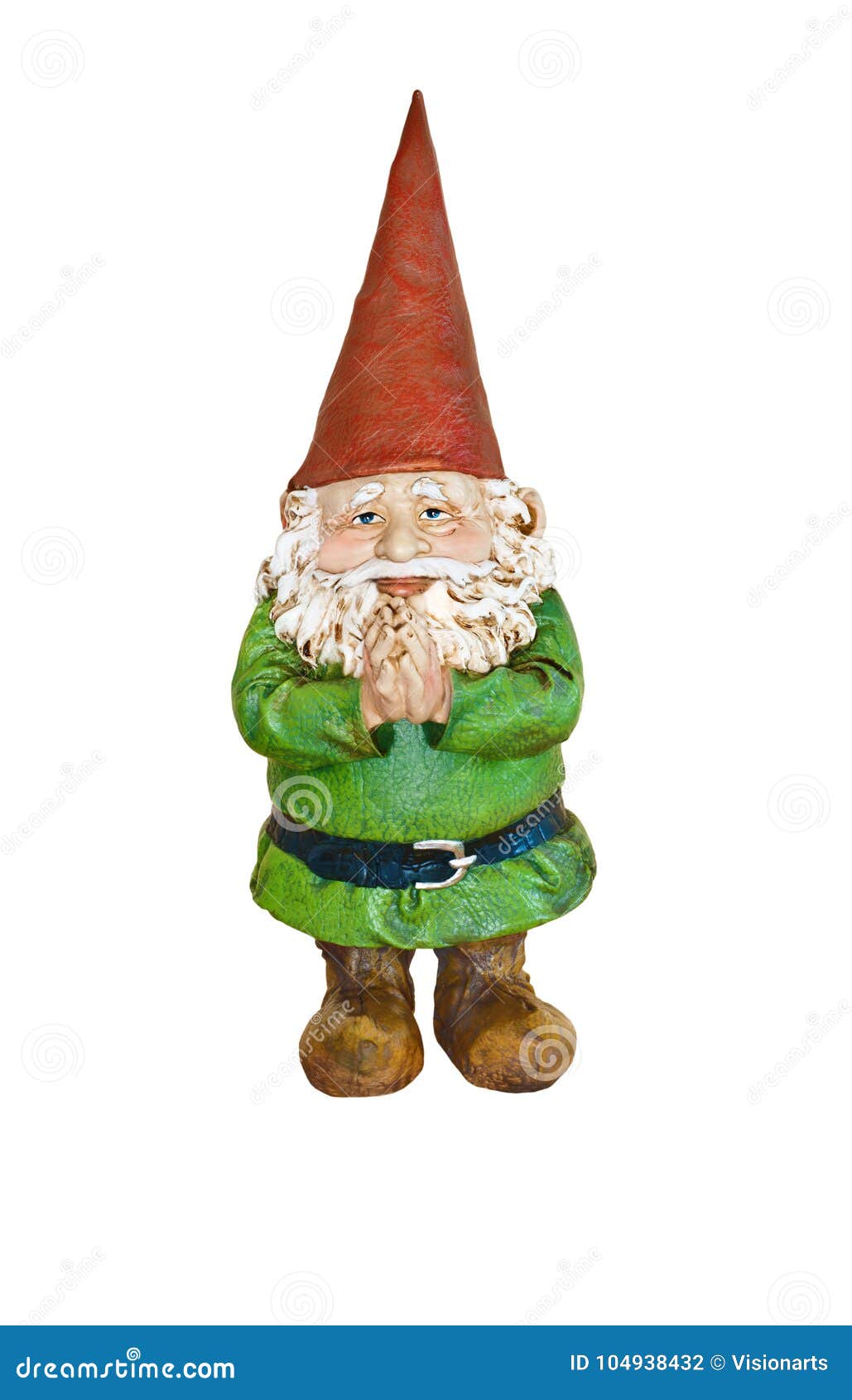 Gnome dans le costume vert et le chapeau aigu rouge avec des mains ensemble. Gnome avec le chapeau aigu rouge et le costume vert sans le fond