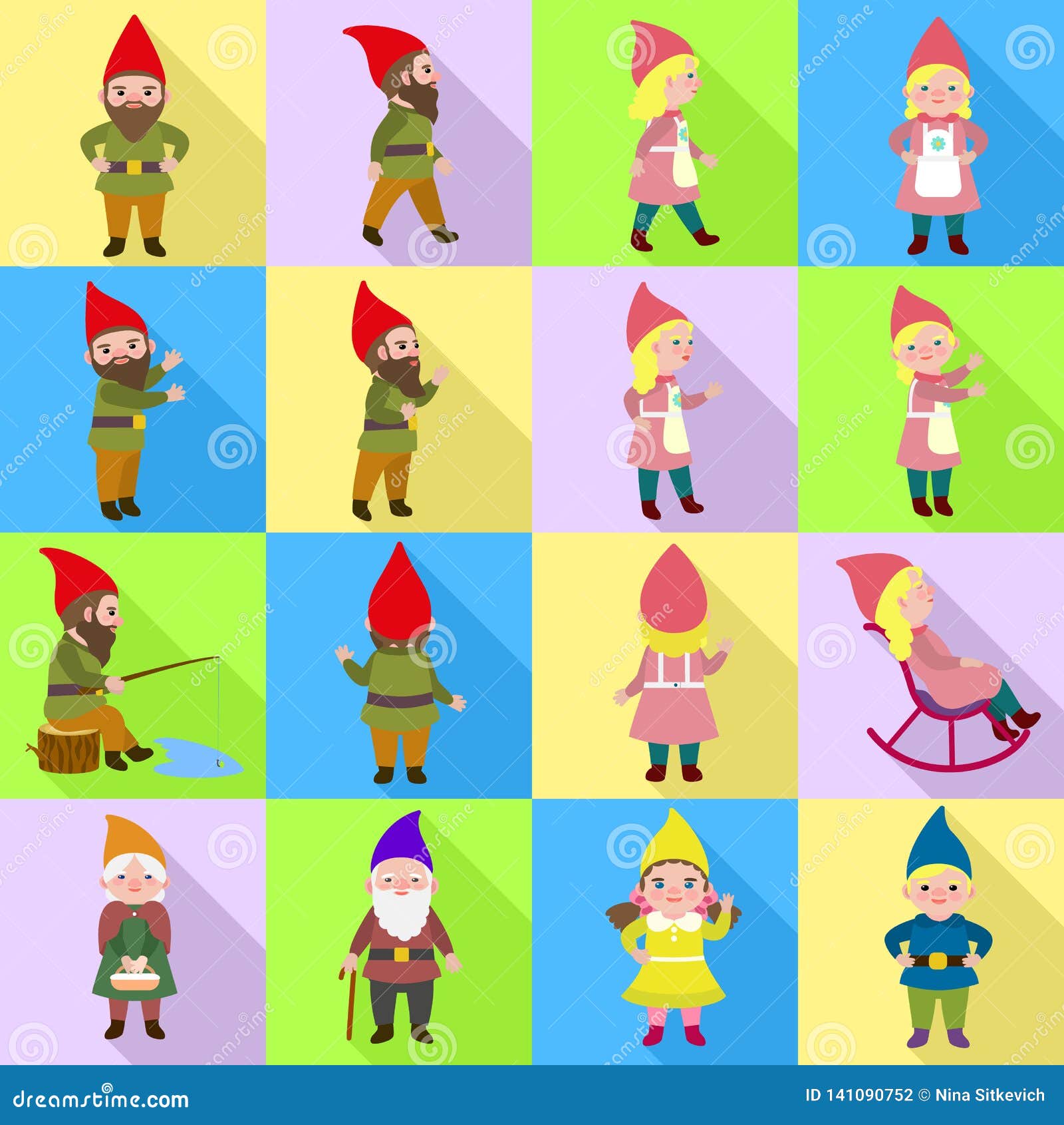 Gnome Icons Set, Flat Style Stock Vector Illustration of design