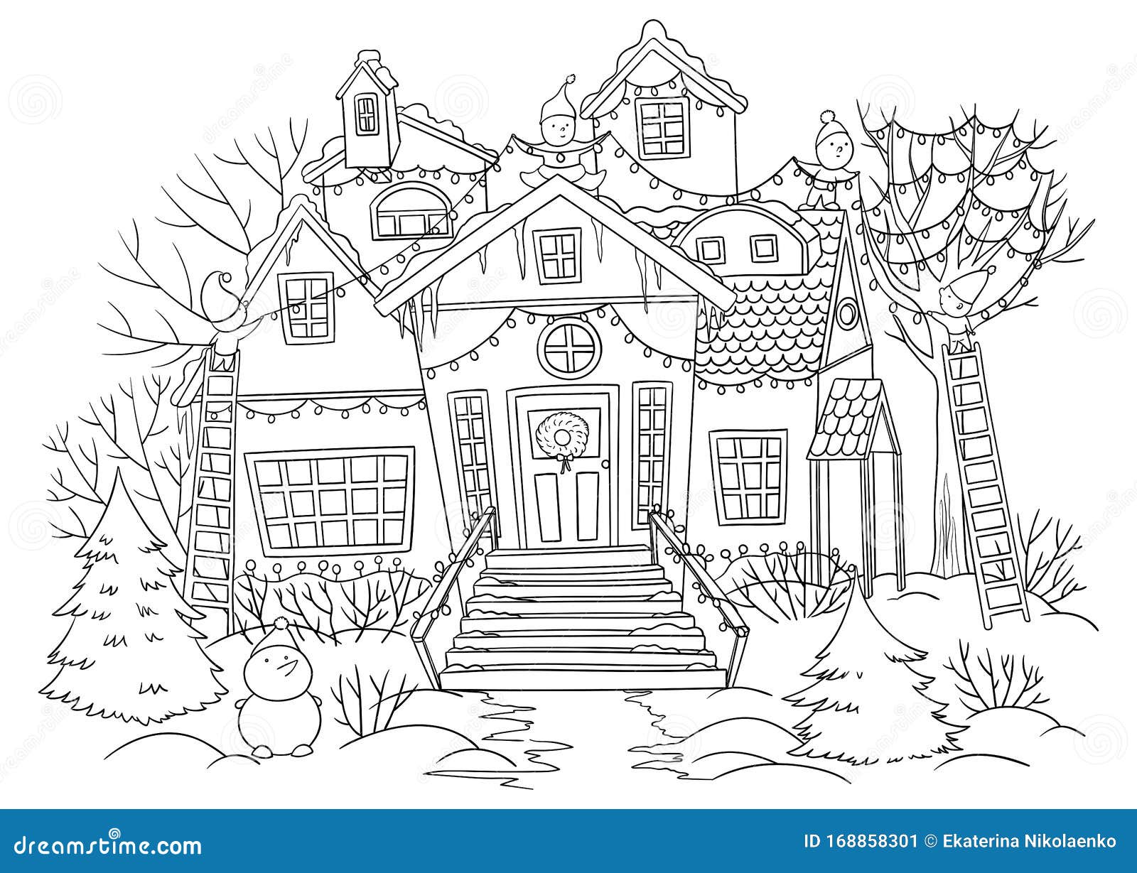 Gnomes Decorating House With Christmas Lights Outdoors Snowy House Fir Trees Snowman In Christmas Holiday Season Coloring Page Stock Vector Illustration Of Cartoon Black 168858301