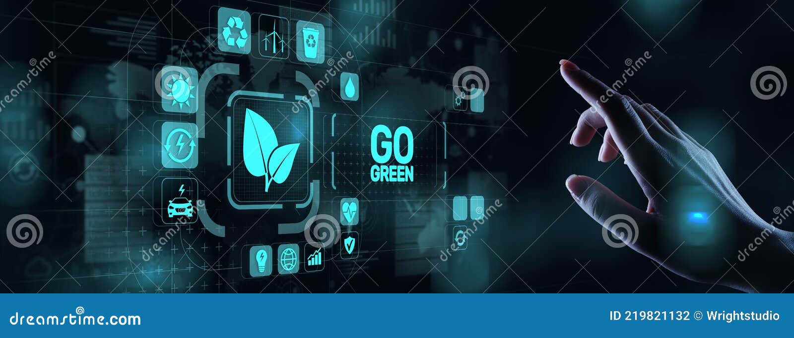 go green eco technology ecology earth planet saving alternative energy. button on virtual screen